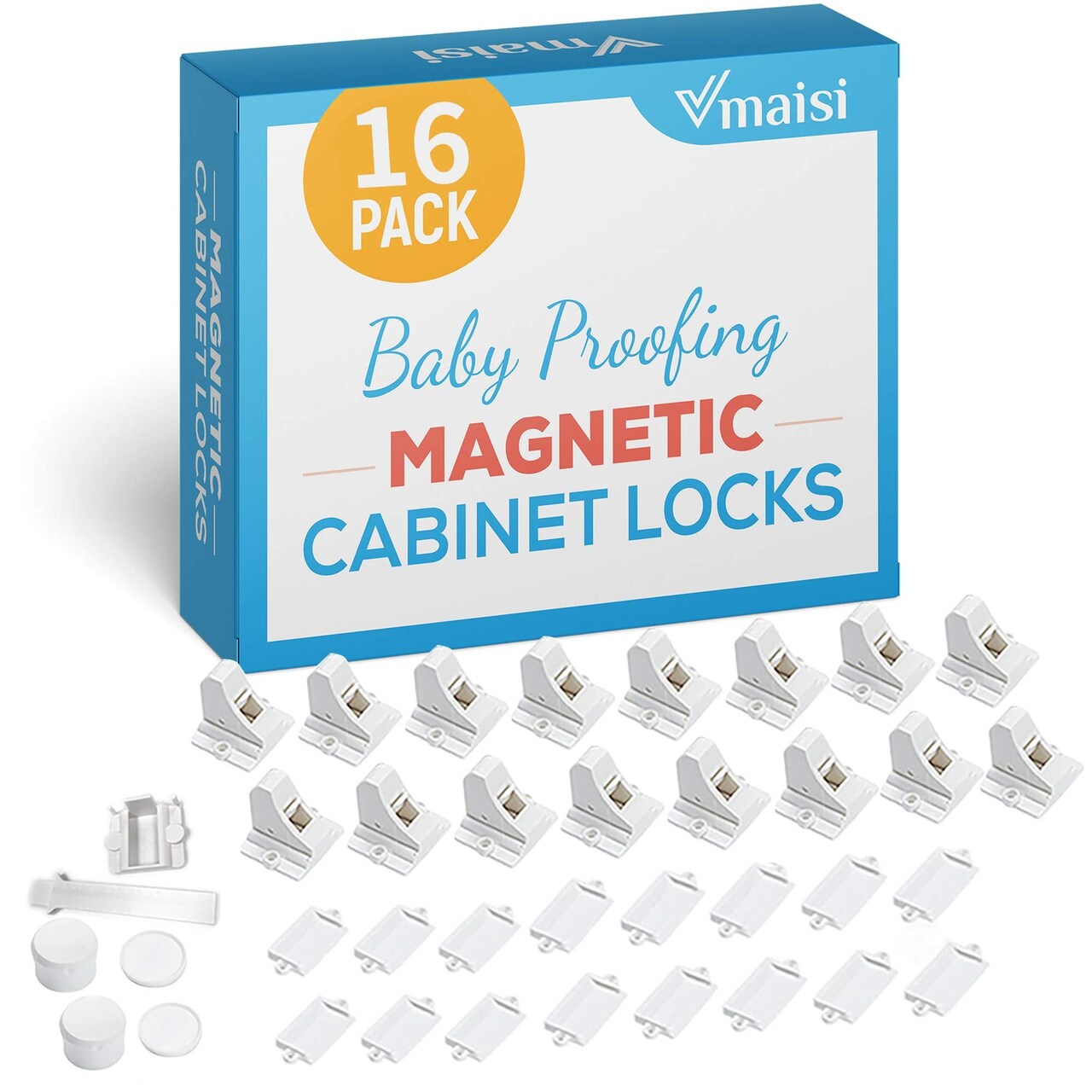 Vmaisi Adhesive Magnetic Locks for Cabinets & Drawers (16 Locks